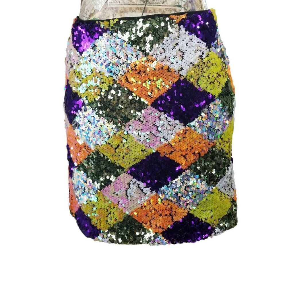 Multi Color Sequin Diamond Pattern Stretch Mini Skirt - Picture 3 of 10